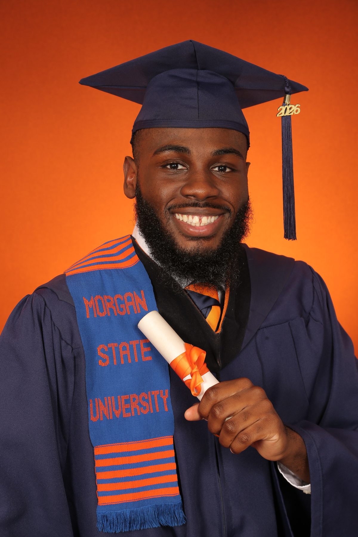 Daniel Onyejiekwe in Morgan State graduation cap and gown, Class of 2026